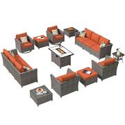 Vesta Gray 16-Piece Wicker Outerdoor Patio Rectangular Fire Pit Set with Orange Red Cushions and Swivel Rocking Chairs