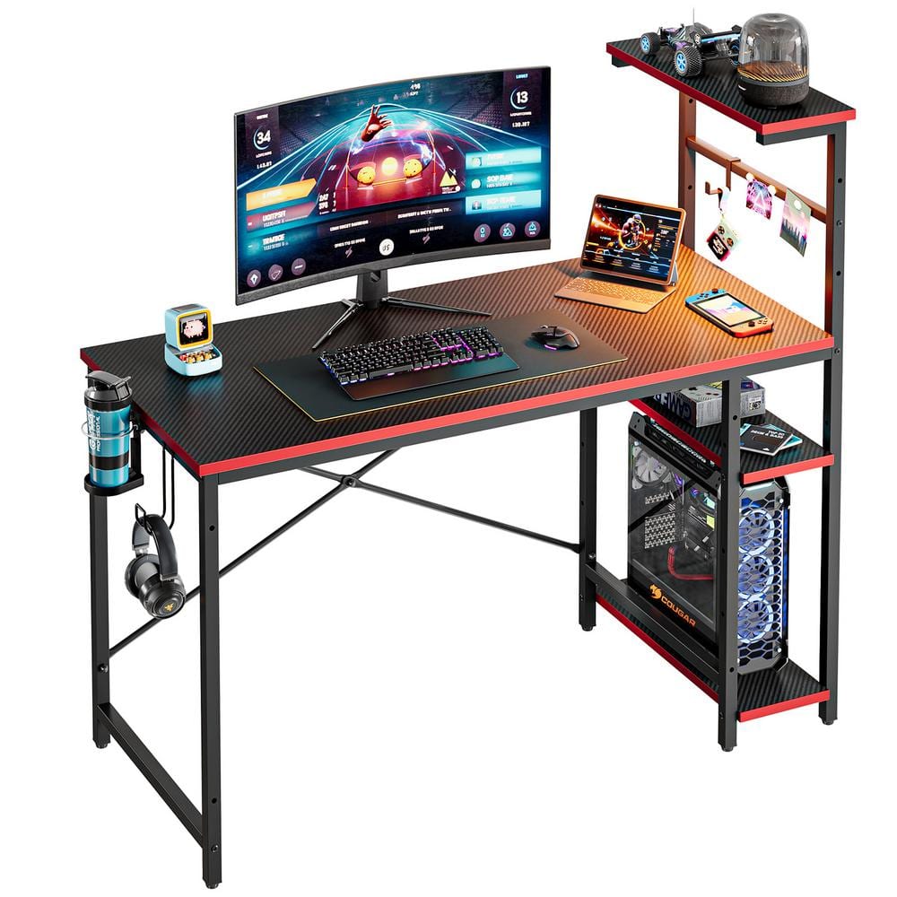 Bestier 44 In Rectangular Black Carbon Fiber Gaming Desk With Rgb Led Lights Computer Desk With 8188