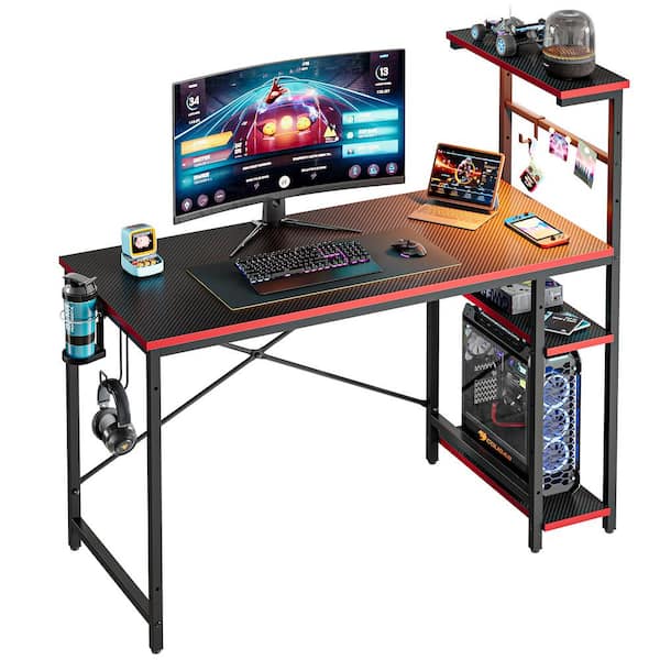 44 in. Rectangular Black Carbon Fiber Gaming Desk with RGB LED Lights Computer Desk with 4 Tier Storage Shelves and Hook