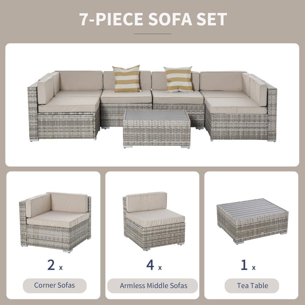 Beige 7-Piece Wicker Rattan Outdoor Sectional Sofa Set with Cushions