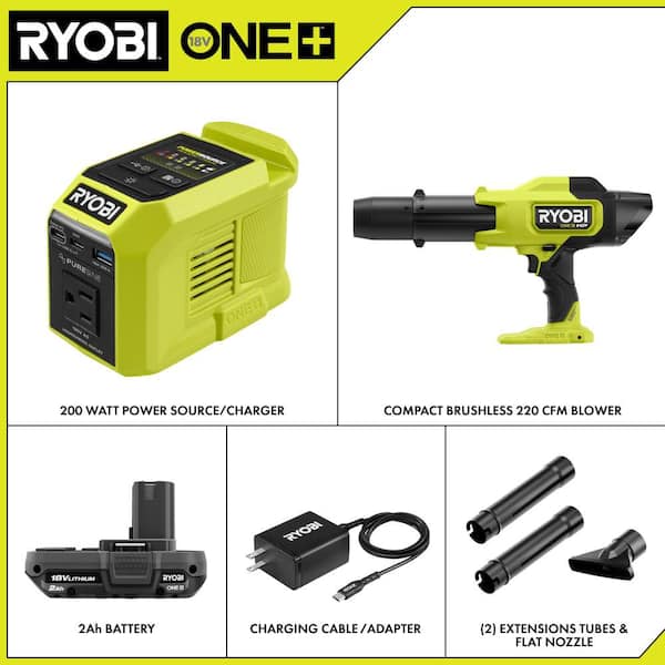 18V ONE+ 200-Watt Portable Battery Inverter Power Source & 18V 220 CFM Compact Leaf Blower with 2. 0Ah Battery & Charger