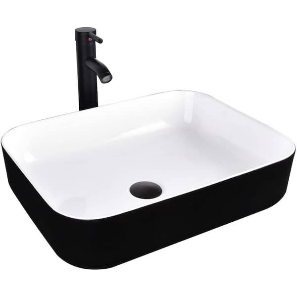 TOOLKISS 20.1 in. Ceramic Rectangular Vessel Sink in Black with Faucet