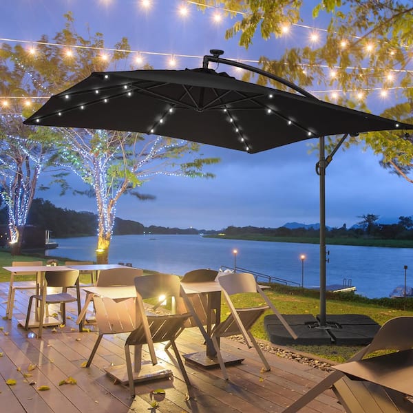 8.2 ft. x 8.2 ft. Black Cantilever Solar LED Lighted Square Patio Umbrella With a Base