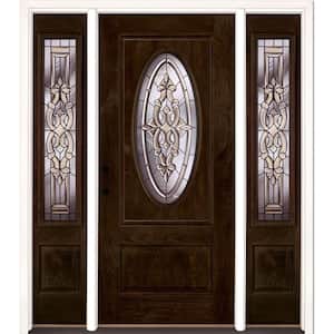 63.5 in.x81.625in.Silverdale Patina 3/4 Oval Lt Stained Chestnut Mahogany Rt-Hd Fiberglass Prehung Front Door w Sidelite