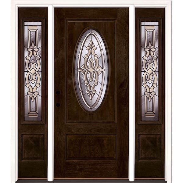 Feather River Doors 63.5 in.x81.625in.Silverdale Patina 3/4 Oval Lt Stained Chestnut Mahogany Rt-Hd Fiberglass Prehung Front Door w Sidelite