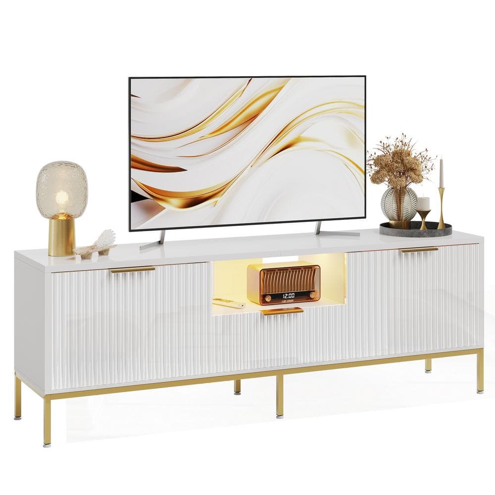 White and Gold 55 Inch TV Stand with Drawer and Cabinet