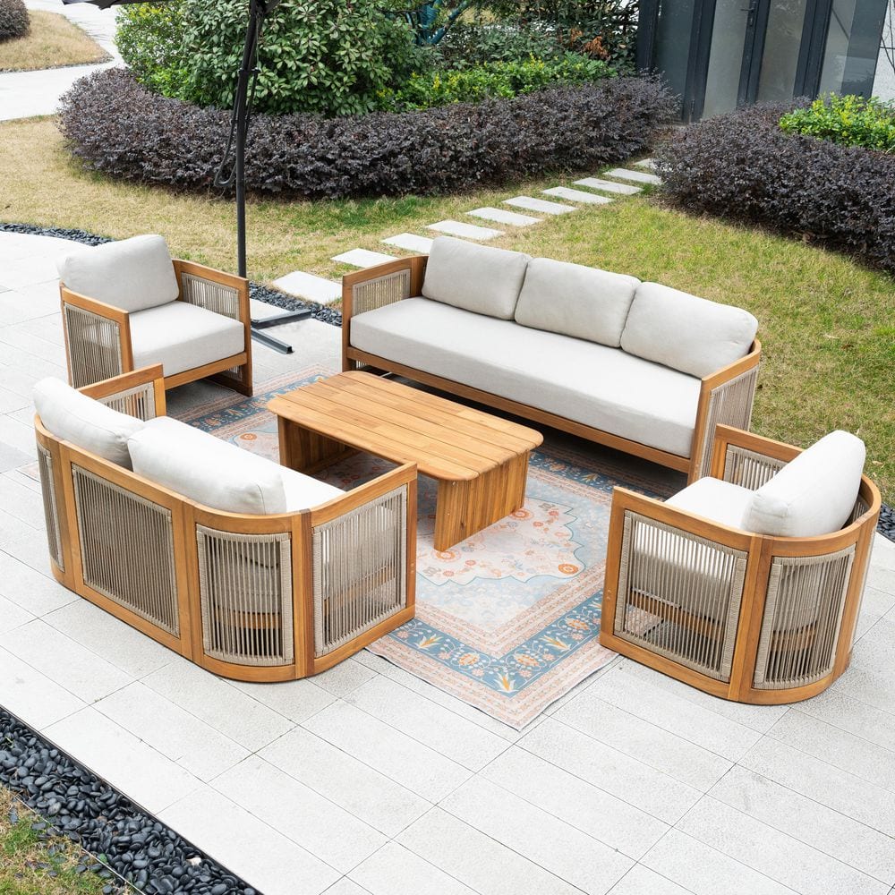5-Piece Outdoor Patio Conversation Set with Deep Seating Sofa and Coffee Table, Thick Cushions Solid Wood Frame