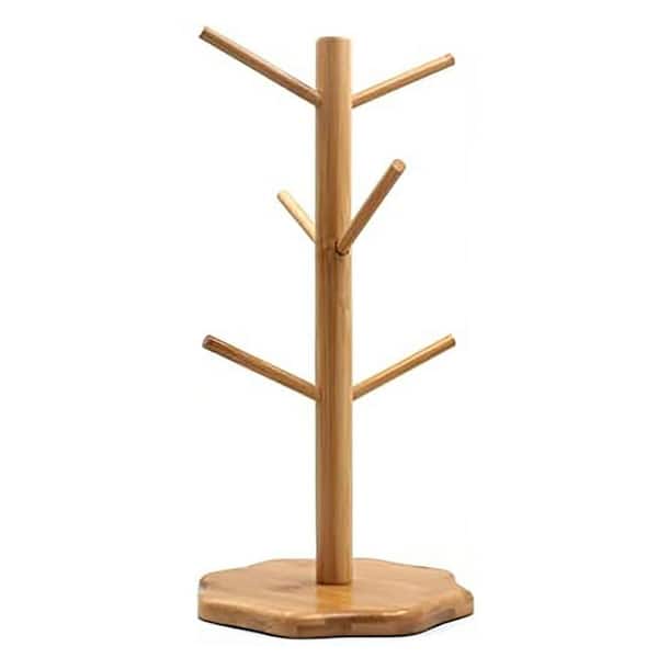 6-Hook Bamboo Mug Tree Stand Octagon Base Removable Coffee Cup Holder Space Saving Countertop Organizer