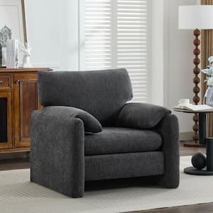 Modern Dark Grey Chenille Oversized Wood Accent Outdoor and Indoor Lounge Chair with Armrest Cushion for Living Room