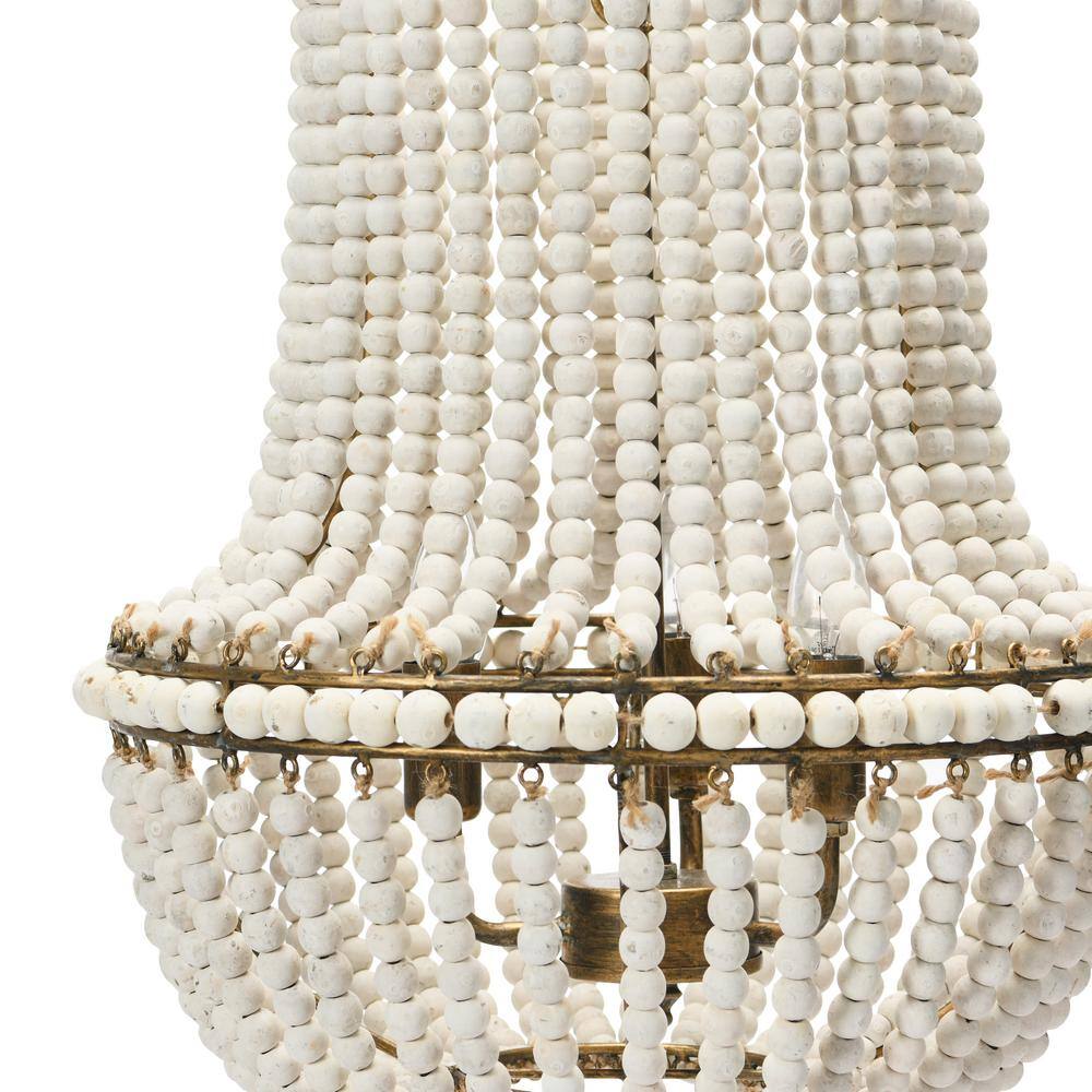 Off-White Draped Wood Bead Chandelier with Iron Frame