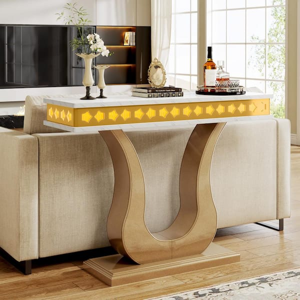 BYBLIGHT Turrella 39 in. White Rectangle Wood Console Table, Sofa Table with White Faux Marble Top for Entrance, Hallway