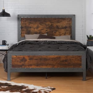 Rustic Home Rustic Brown Queen Size Metal Bed Frame with Wood Accents