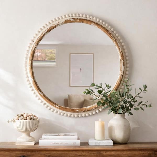 24 in. W x 24 in. H Antiqued White Beaded Wood Round Framed Wall Bathroom Vanity Mirror