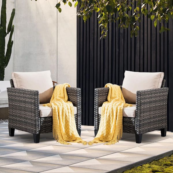 Megon Holly Gray Stationary 2-Piece Wicker Outdoor Patio Lounge Chair with Beige Cushions