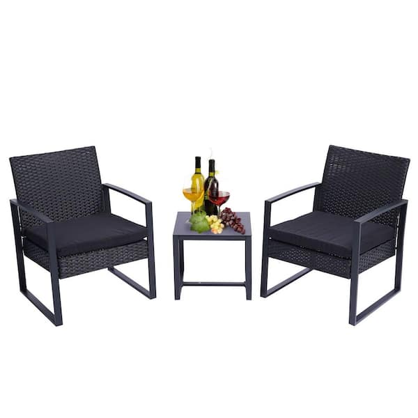 Afoxsos Modern Black 3-Piece Wicker Rattan Patio Conversation Chair Set with Coffee Table