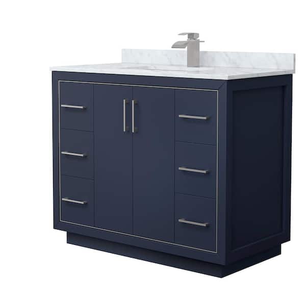 Wyndham Collection Icon 42 in. W x 22 in. D x 35 in. H Single Bath Vanity in Dark Blue with White Carrara Marble Top