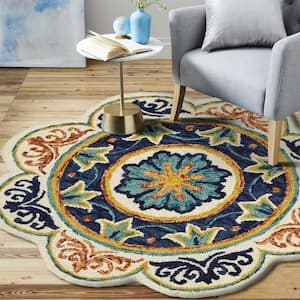 Daliah Tufted Ivory/Blue 4 ft. x 4 ft. Scallop Flower Medallion Wool Area Rug