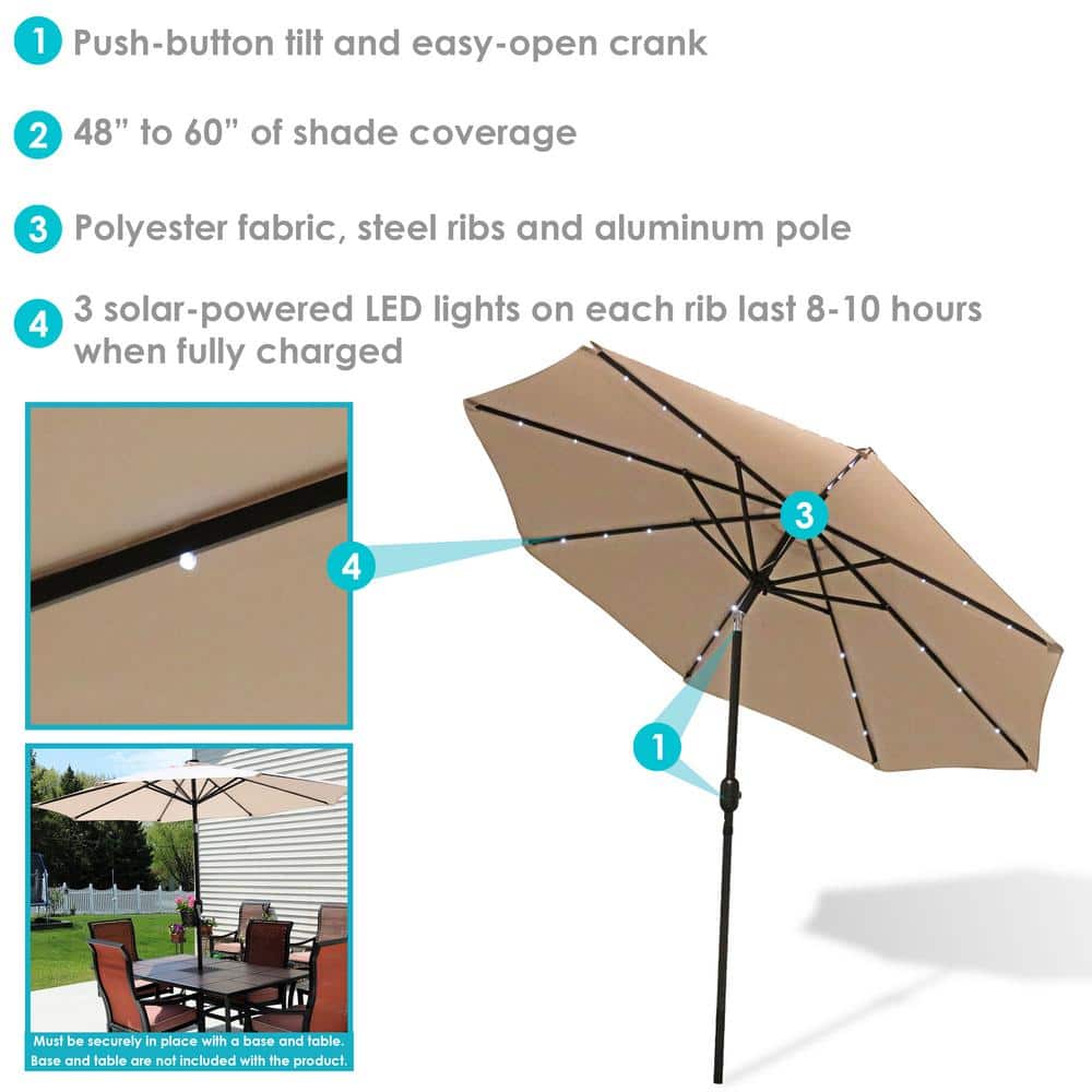 Beige 9-Foot Aluminum Patio Umbrella with Solar LED Lights