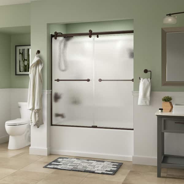 Delta Lyndall 60 x 58-3/4 in. Frameless Contemporary Sliding Bathtub Door in Bronze with Rain Glass