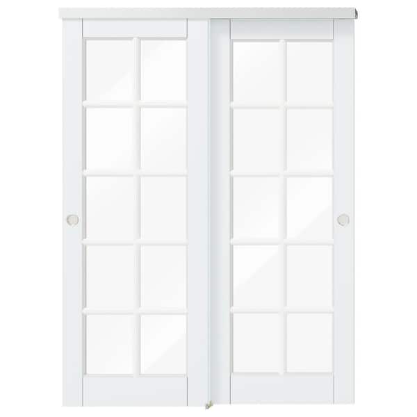 TENONER 64 in. x 80 in. (Double 32 in.) 10-Lite, Pine Wood, White Primed Clear Glass, Interior Door Slab with Bypass Hardware