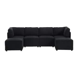 120 in. Modular Sectional Sofa 6-Piece Black Linen Living Room Set U Shaped Couch with Foot Stool Ottoman