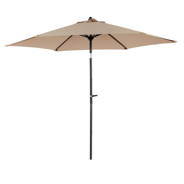8.66 ft. Steel Market Outdoor Patio Umbrella with 6-Ribs, Push Button Tilt and Crank for Deck, Pool (No Base) in Khaki
