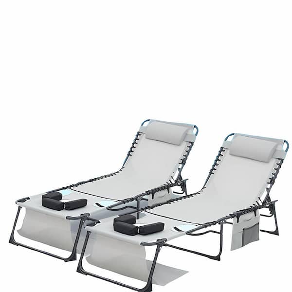 Metal Folding Outdoor Chaise Lounge with Face Hole, 5-Position Reclining Portable Patio Chair, Grey
