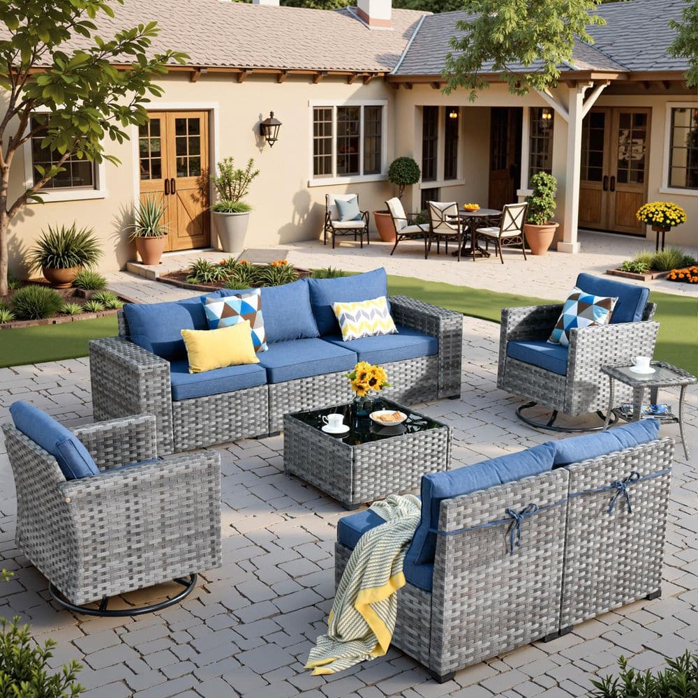 Baldwin Gray 9-Piece Wicker Wide Arm Outdoor Patio Conversation Sectional Set with Swivel Chairs and Denim Blue Cushions price history on PriceWatchPro