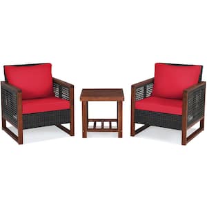 3-Pieces Wood Patio Conversation Set with Red Cushions