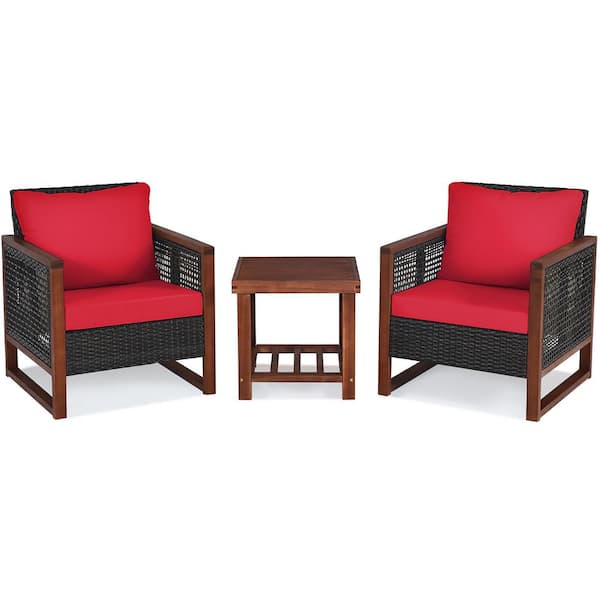 Costway 3-Pieces Wood Patio Conversation Set with Red Cushions