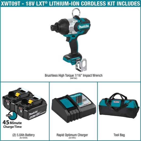 18V LXT Lithium-Ion Brushless Cordless High Torque 7/16 in. Hex Chuck Impact Wrench Kit w/ (2) Batteries 5.0Ah, Bag