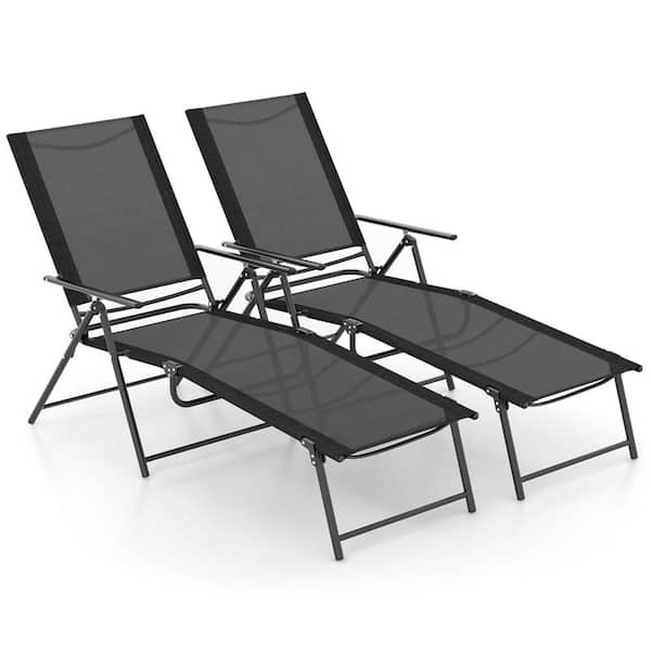 Costway 2-Piece Patio Folding Chaise Lounge Chairs with 6-Level Backrest Reclining Chairs Black