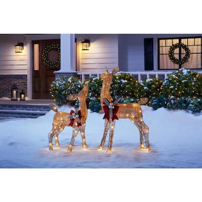 3 ft LED Lighted Gold Deer and Doe with Red Bow