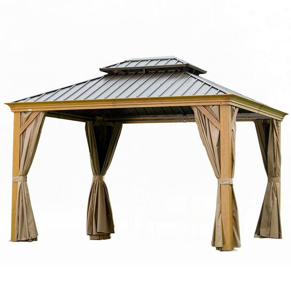 Zeus & Ruta 12 ft. x 14 ft. Yellow Brown Wood-Looking Aluminum Gazebo with Curtains and Netting for Patio Deck Backyard