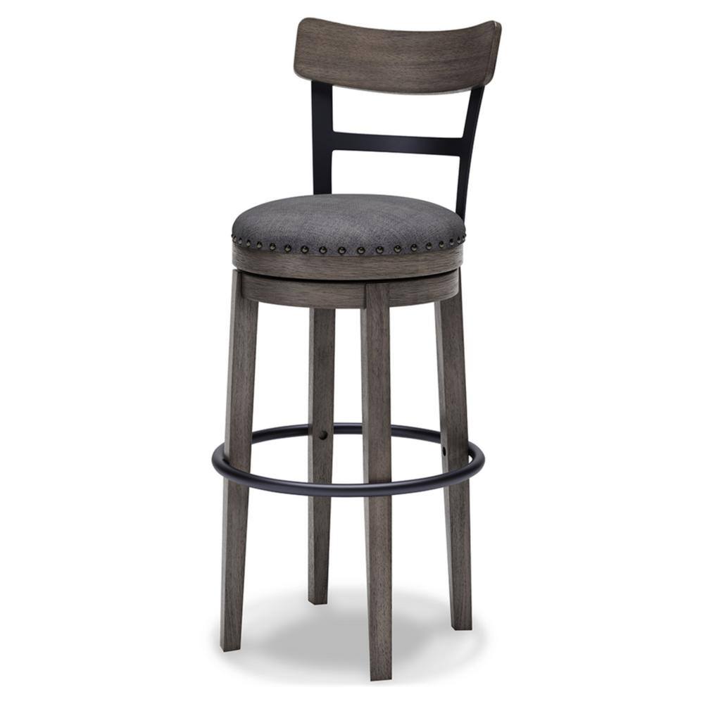 Antiqued Gray Wash Swivel Barstool with Cushioned Seat and Nailhead Trim