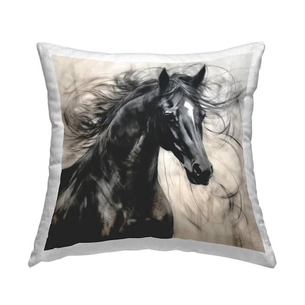 Stupell Industries Swirling Horse Portrait Black Print Polyester 18 in. x 18 in. Throw Pillow