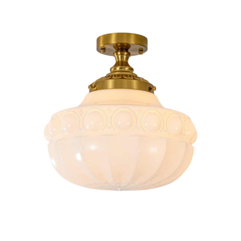 Stollings 14 in. W 1-Light Dome Vintage Brushed Brass Milk Glass Semi-Flush Mount Ceiling Light for Foyer price history on PriceWatchPro