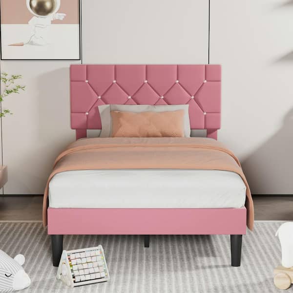 VECELO Upholstered Bed, Platform Bed with Adjustable Headboard, Wood Slat Support, No Box Spring Needed, Pink Twin Bed Frame