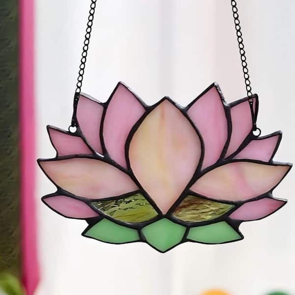Pink Lotus Flower Stained Glass Art Glass Window HD8H1Z93ZX - The