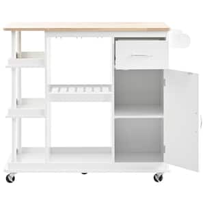 White Wood 40 in. Kitchen Island with Wine Rack and Adjustable Storage Shelves
