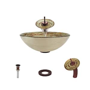 Glass Vessel Sink in Gold and Red Swirl Foil Undertone with Waterfall Faucet and Pop-Up Drain in Oil Rubbed Bronze