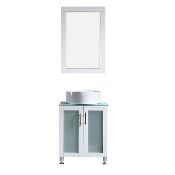 ROSWELL Tuscany 24 in. Vanity in White with Glass Countertop with White Vessel Sink With Mirror