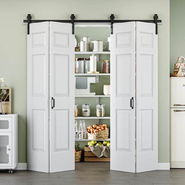 72 in. x 84 in. Paneled 6-Lite White Primed MDF Composite Bi-fold Sliding Barn Door with Hardware Kit and Handle