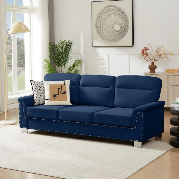 Zayn Modern 82 in. Rolled Arms Fabric Upholstered Rectangle 3-Seater Sofa in Blue with Nailhead Trim