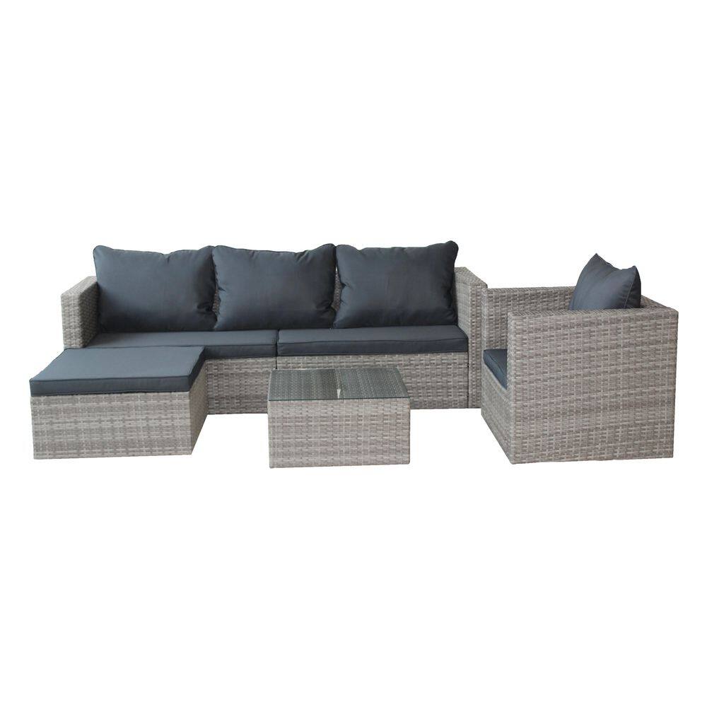 Cesicia 4-piece wicker outdoor sectional set with gray cushions on a white background.