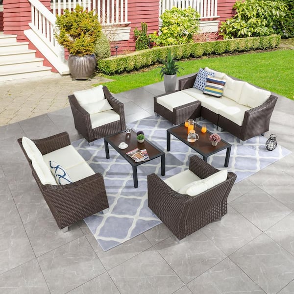 Patio Festival 10 Piece Wicker Patio Conversation Set with Beige Cushions