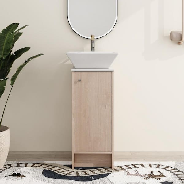 ARTCHIRLY 16.3 in. W x 18.9 in. D x 34.8 in. H Light Brown Freestanding Bath Vanity with White Ceramic Vanity Top