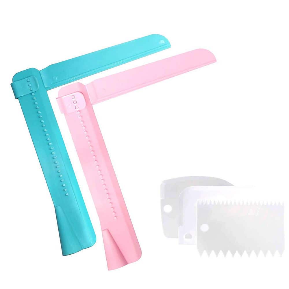 Plastic Blue and Rose Pastry Tool Set with Adjustable Cake Smoothers and Scrapers 5-Pack for Cake Decorating