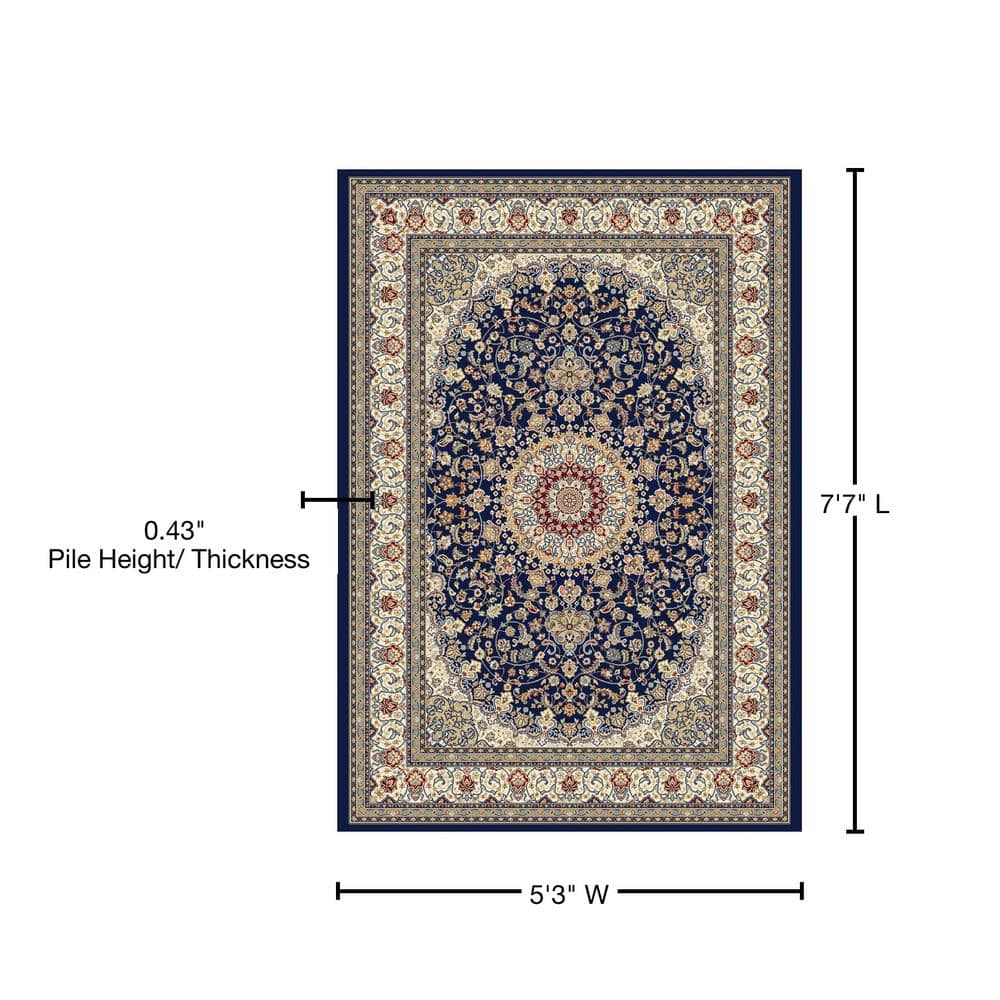 Hand-Knotted Blue and Ivory Synthetic Rectangular Rug 5'3" x 7'7"