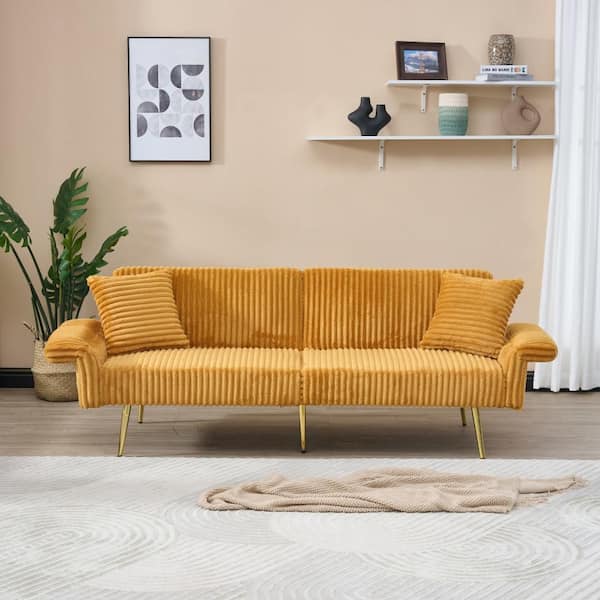 79 in. Foldable Yellow Corduroy Twin Size Sofa Bed with Folding Armrests